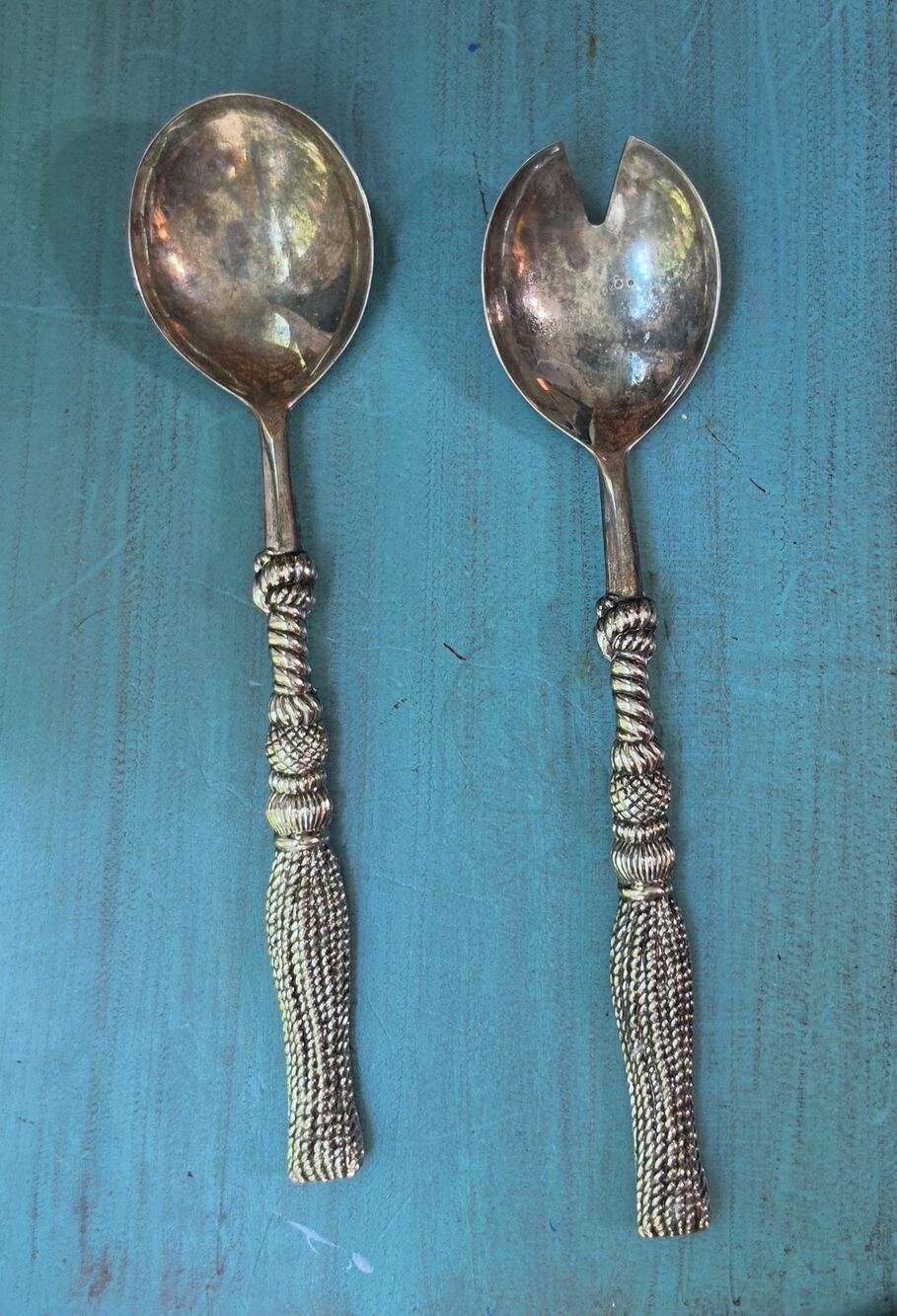 Silea Salad Serving Fork And Spoon Silver Plate Cartizone Rope & Tassel Pattern